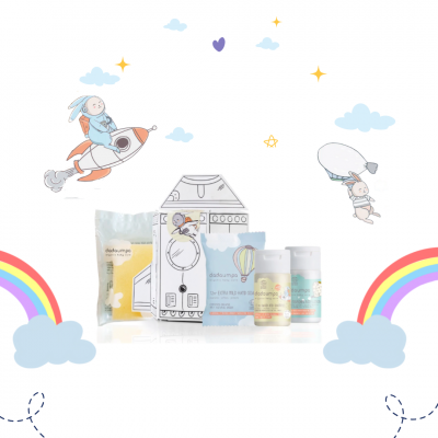 Produtos de cuidados para bebé com embalagem temática e ilustrações infantis coloridas