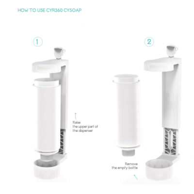 Dispenser branco CYR360 CYSOAP desmontado em duas etapas