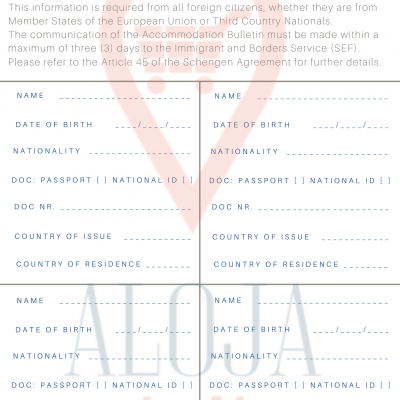 Formulário ACMMODATION BULLETIN do SEF para estrangeiros