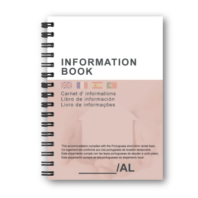 Caderno espiral branco e rosa claro com título e texto multilíngue