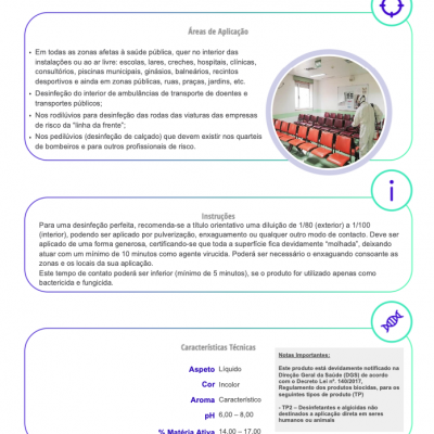 Instruções e características técnicas de produto desinfetante líquido incolor para saúde pública