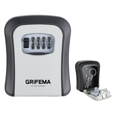 Cofre de segurança GRIFEMA em plástico e metal com combinação numérica e porta aberta com chaves