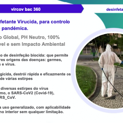 Folheto informativo sobre desinfetante virucida com imagem de avenida urbana ao fundo