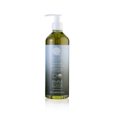 Frasco verde com doseador branco de gel para cabelo e corpo