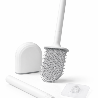 Escova de limpeza branca com cabo e suportes.