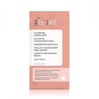 Pacote individual cor salmão de lenço higienizante para mãos gel LIFE com texto multilingue