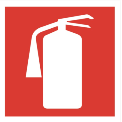 Ícone branco de extintor de incêndio sobre fundo vermelho