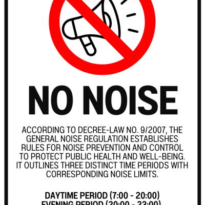 Placa branca com símbolo de proibição de ruído e texto em inglês sobre regulamento de ruído