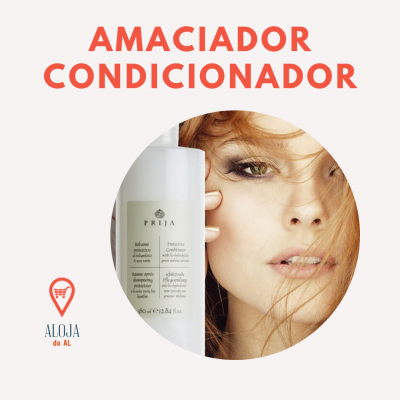 Embalagem branca de amaciador condicionador PRUJA ao lado do rosto de uma mulher ruiva