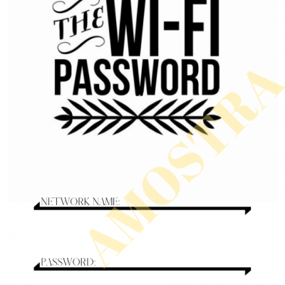 Cartaz branco com texto preto e espaço para nome de rede Wi-Fi e palavra-passe.