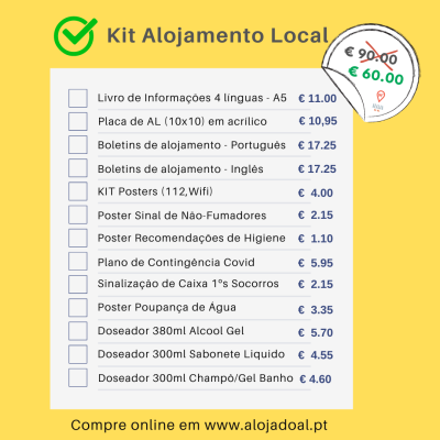 Anúncio de Kit Alojamento Local com lista de produtos, preços e preço promocional