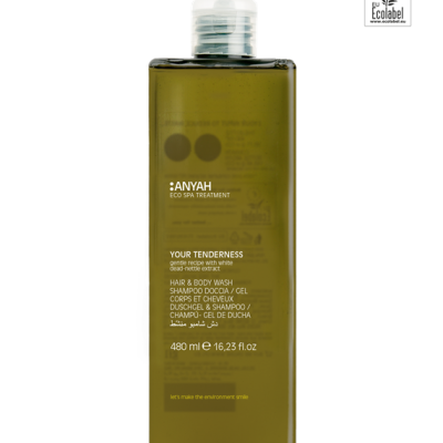 Frasco verde translúcido de shampoo e gel de corpo e cabelo 480 ml com tampa branca.