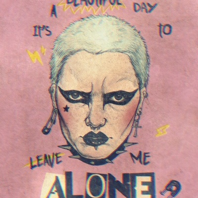 Ilustração rosto punk com texto em fundo cor-de-rosa