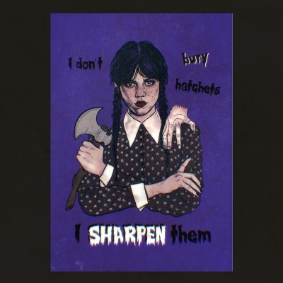 Ilustração de mulher com machado e texto I dont bury hatchets I SHARPEN them