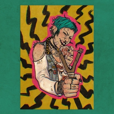 Ilustração de pessoa punk com estilingue e copo com texto EAT SHIT em fundo amarelo.