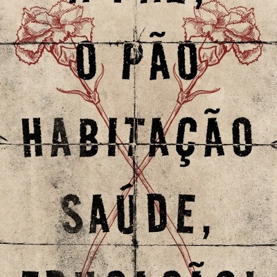 Papel com texto em preto e desenhos vermelhos de flores cruzadas.