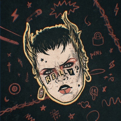 Desenho de cabeça com palavra REALLY? nos olhos e símbolos coloridos no fundo