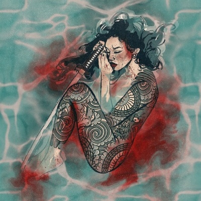 Ilustração de mulher tatuada com espada na água e mancha vermelha