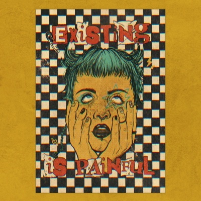 Ilustração de rosto com cabelo curto azul, fundo xadrez e texto Existing is Painful