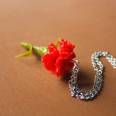 Colar com pendente de flor vermelha e corrente prateada sobre fundo castanho.