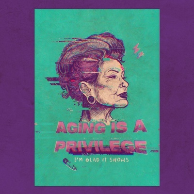 Cartaz com desenho perfil de mulher idosa estilizada e texto sobre envelhecimento