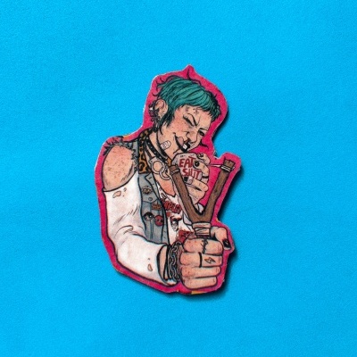 Adesivo com ilustração de pessoa punk com estilingue e texto EAT SHIT