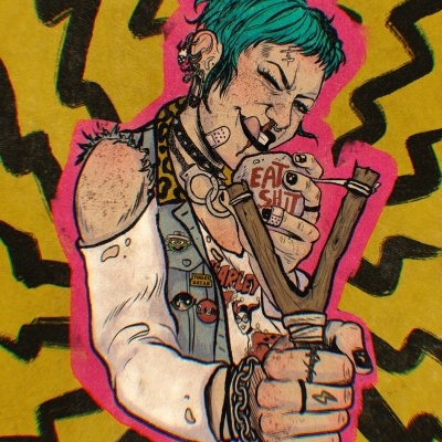 Ilustração de figura punk com funda e bola em fundo amarelo com raios pretos
