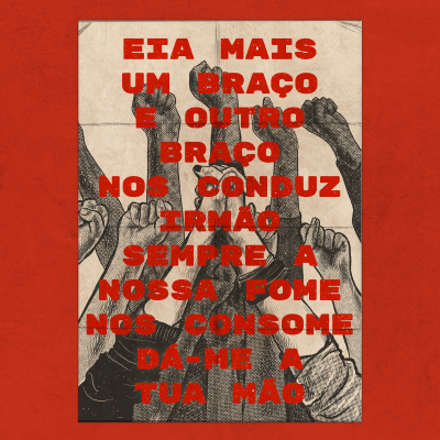 Pôster com ilustração de braços erguidos e texto em vermelho em fundo bege