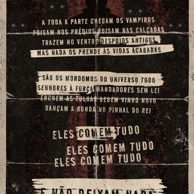 Imagem vintage com texto em português sobre vampiros e silhuetas sombrias