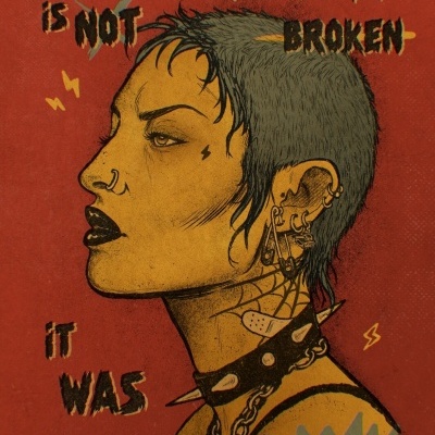 Ilustração de pessoa punk com colar tachas e texto em fundo vermelho