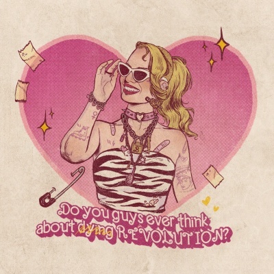 Ilustração de mulher estilo punk com acessórios dourados e texto sobre fundo com coração rosa