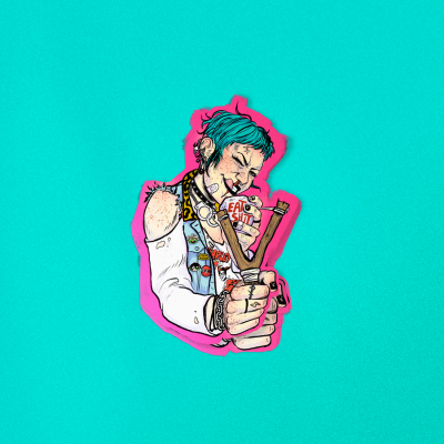 Ilustração punk segurando estilingue e lata com texto