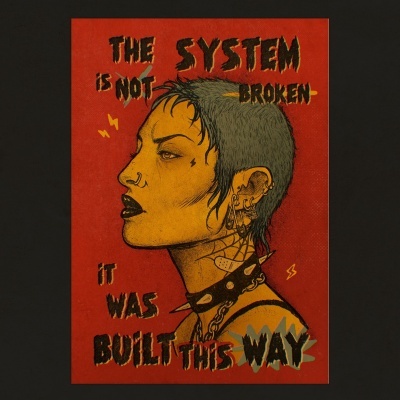 Ilustração de pessoa com piercings, colar de espinhos e tatuagens com texto em inglês num fundo vermelho.