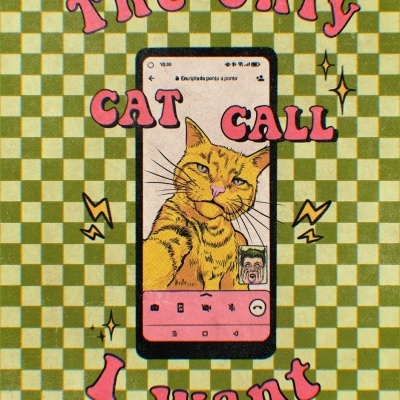 Desenho de telemóvel com videochamada de um gato e texto colorido em fundo xadrez verde e amarelo.