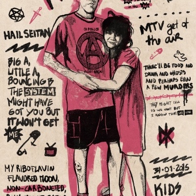 Ilustração de casal punk com texto à mão e símbolos gráficos em fundo bege.