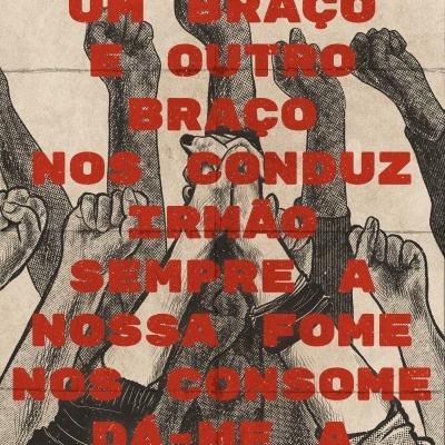 Cartaz com vários braços desenhados e texto em letras vermelhas grandes