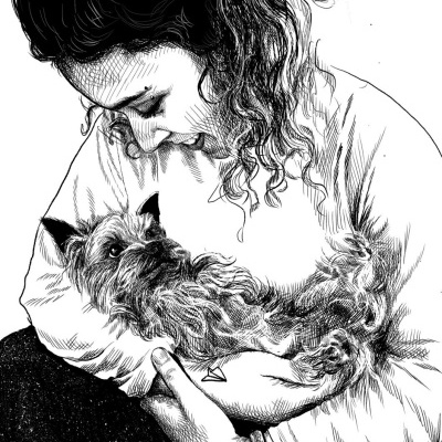 Desenho de mulher a segurar cão pequeno peludo e encaracolado