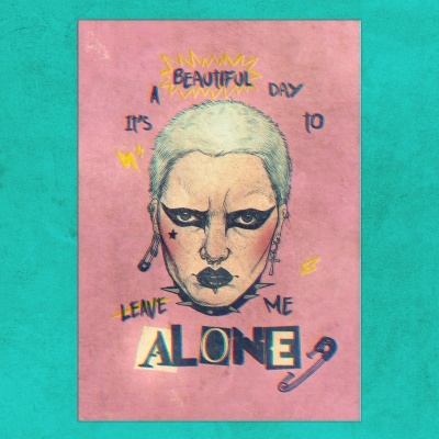 Cartaz rosa com ilustração de rosto punk andrógino e texto motivacional em inglês