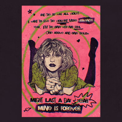 Ilustração de mulher com fundo rosa e texto em inglês com destaque colorido.