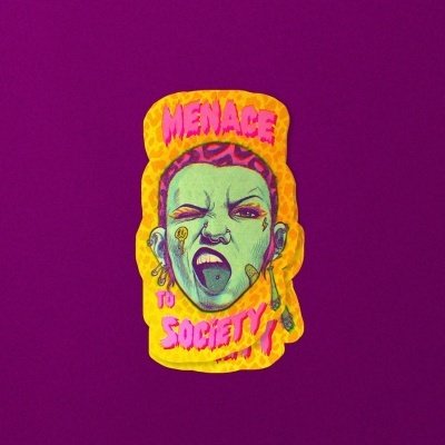 Autocolante colorido com rosto e texto MENACE TO SOCIETY