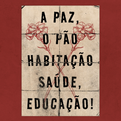 Poster com texto em preto e flores vermelhas cruzadas sobre fundo vermelho