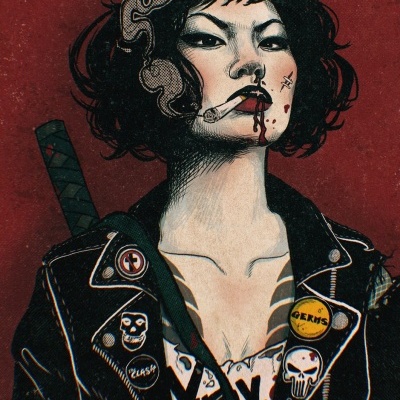 Ilustração de mulher com jaqueta de couro e cigarro na boca