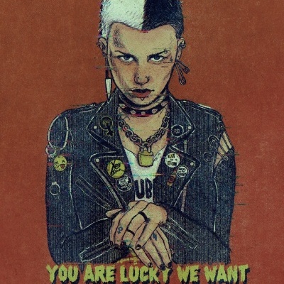 Pessoa punk com casaco de cabedal e texto sobre igualdade num fundo castanho.