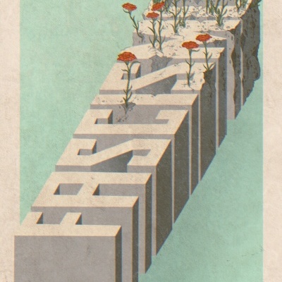 Objeto 3D cinzento com flores vermelhas brotando no topo, fundo verde