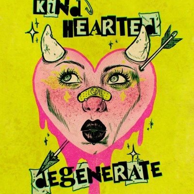 Design gráfico colorido com coração rosa em forma de rosto feminino e texto KIND HEARTED degenerate