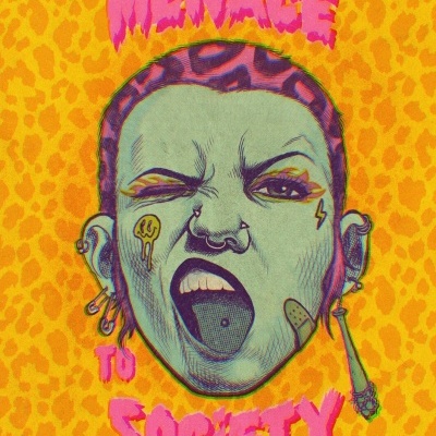 Ilustração de rosto verde com cabelo rosa e piercings em fundo laranja com padrão animal e texto em rosa