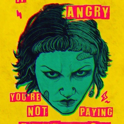 Ilustração de rosto zangado e texto motivacional em fundo amarelo