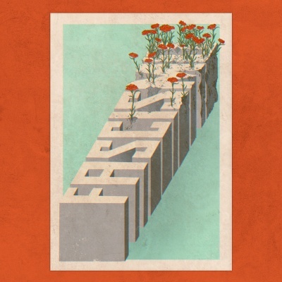 Cartaz com escultura 3D da palavra FREESTYLE com flores laranja no topo sobre fundo azul e borda laranja