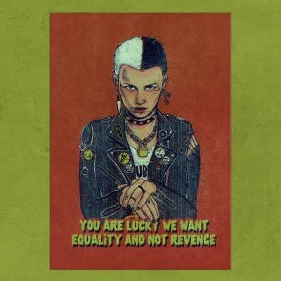 Poster com ilustração de pessoa punk com cabelo bicolor e casaco de cabedal