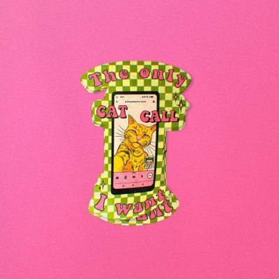 Adesivo com ilustração e texto sobre videochamada com gato.